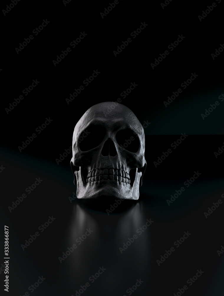 Black Skull isolated front view on dark background. Mortal end, fatality and dying concept. 3d rendering. Black Skull isolated front view on dark background. Mortal end, fatality and dying concept. 3d rendering.
