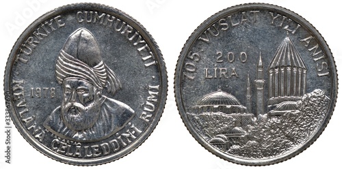 Turkey Turkish silver coin 200 two hundred lira 1978, subject 705 Anniversary – Death of Persian poet, faqih and theologian Jalaladdin Muhammad Rumi, bust 1/4 left, mosques and minarets, photo
