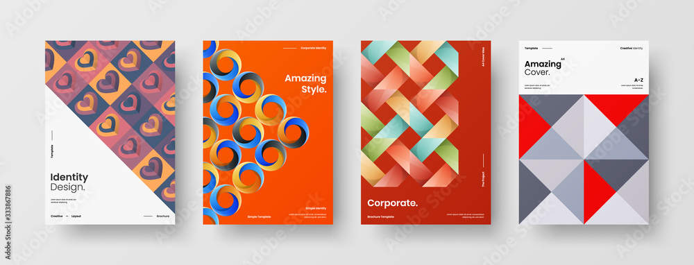 Business presentation vector A4 vertical orientation front page mock up set. Corporate report cover abstract geometric illustration design layout bundle. Company identity brochure template collection. Business presentation vector A4 vertical orientation front page mock up set. Corporate report cover abstract geometric illustration design layout bundle. Company identity brochure template collection.