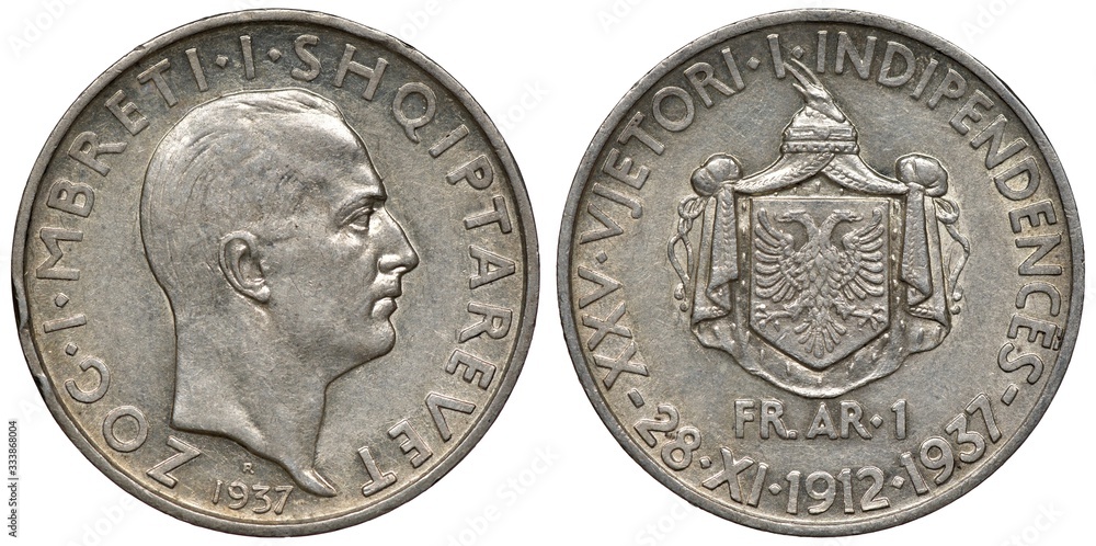 Naklejka premium Albania Albanian silver coin 1 one frang ar 1937, subject 25th Anniversary of Independence, head of King Zog I right, coat of arms with shield with eagle with two heads, dates below,