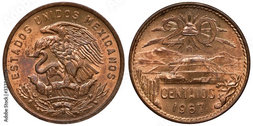 Mexico Mexican coin 20 twenty centavos 1967, eagle on cactus with snake in beak, Pyramid of the Sun in front of volcanoes Ixtaccihuatl and Popocatepetl, liberty cap divides denomination above, photo