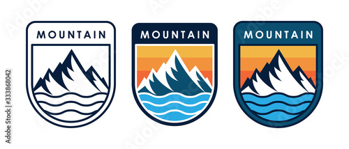 Set of Mountain logo vector illustration. Mountain badge design vector template design. Trendy Mountains logo design vector illustration template for Outdoor Adventure.