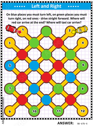 Left and right maze game for kids and adults: On blue places you must turn left, on green places you must turn right, on red ones - drive stright forward. Where will red car arrive at the end? Where w