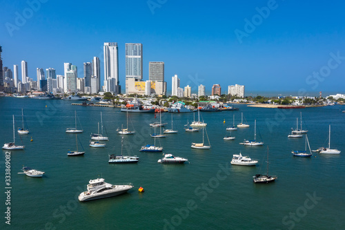 Beautiful yachts drift in the bay. Panorama The Bocagrande district in Cartagena. © ronedya