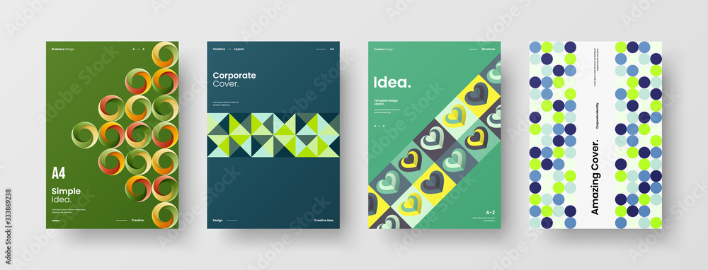 Fototapeta premium Business presentation vector A4 vertical orientation front page mock up set. Corporate report cover abstract geometric illustration design layout bundle. Company identity brochure template collection.