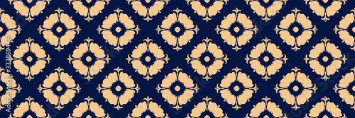 Floral seamless pattern. Golden design on long dark blue background