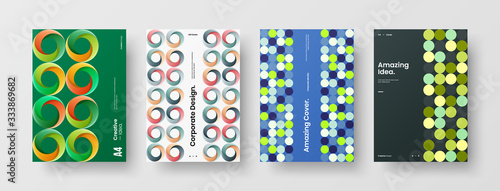 Business presentation vector A4 vertical orientation front page mock up set. Corporate report cover abstract geometric illustration design layout bundle. Company identity brochure template collection.