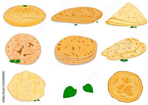 All indian Roti and Bread like Chapati, Rumali Roti, Kulcha, Paratha, Naan, Fulka, Laccha Vector