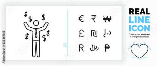 Editable real line icon of a happy stick figure business man being very wealthy with a lot of money raining around him in with a currency symbol set in modern black lines as a eps vector file