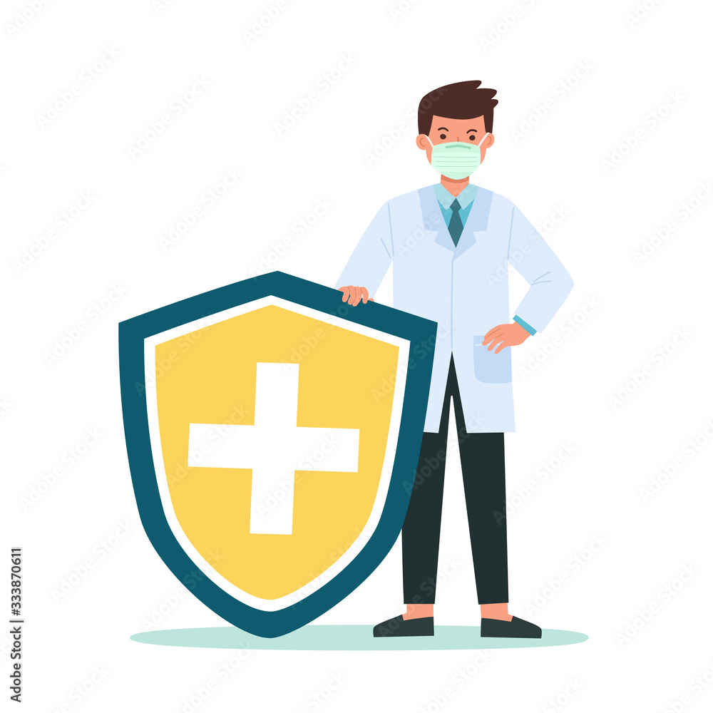 Doctor holds shield covering from virus and bacteria. Health bacteria virus protection. Healthy Doctor reflect bacteria attack with shield. Boost Immunity with medicine concept illustration. Doctor holds shield covering from virus and bacteria. Health bacteria virus protection. Healthy Doctor reflect bacteria attack with shield. Boost Immunity with medicine concept illustration.