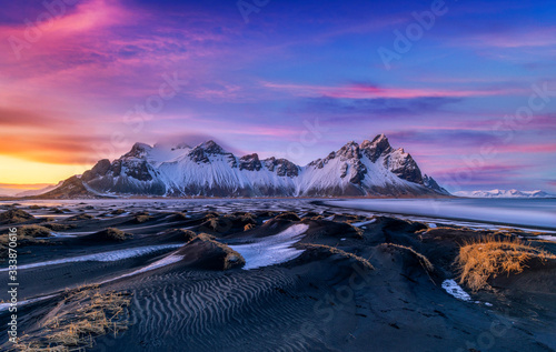 Famous Stokksness beach in Iceland during sunset