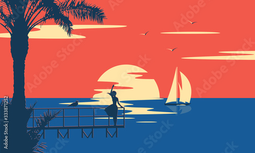Sunset summer tropical beach with palm trees and sea. Nature landscape and seascape. 