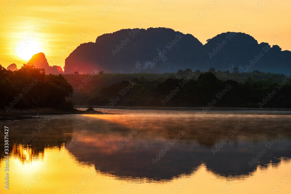 mountain and mist over pond, Nong Talay, Krabi