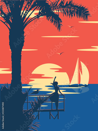 Sunset summer tropical beach with palm trees and sea. Nature landscape and seascape. 