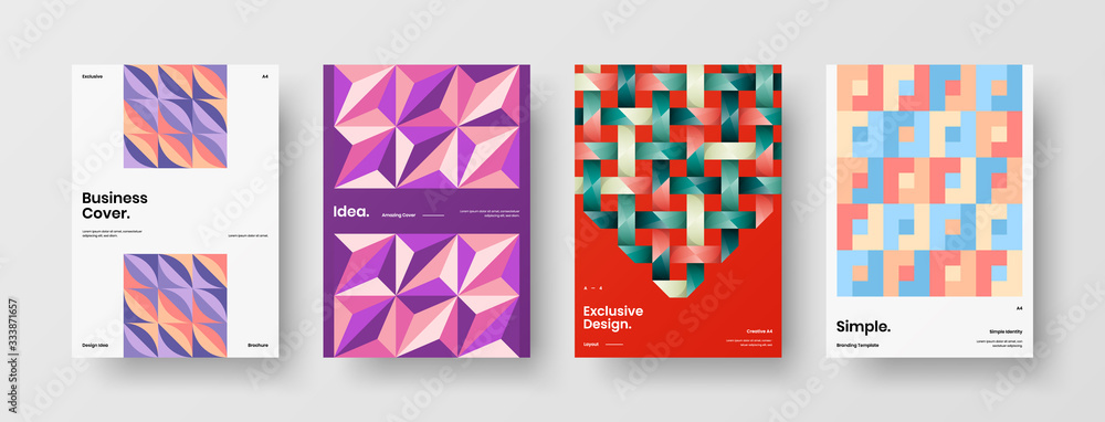 Business presentation vector A4 vertical orientation front page mock up set. Corporate report cover abstract geometric illustration design layout bundle. Company identity brochure template collection. Business presentation vector A4 vertical orientation front page mock up set. Corporate report cover abstract geometric illustration design layout bundle. Company identity brochure template collection.
