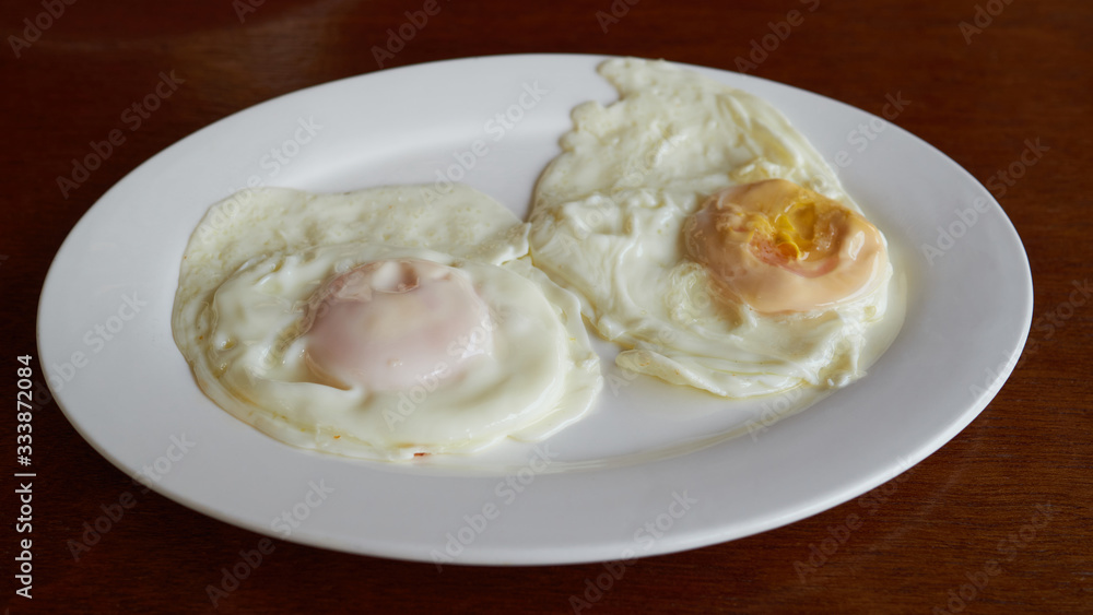 Two fried eggs for breakfast on a white plate on a wooden table.    