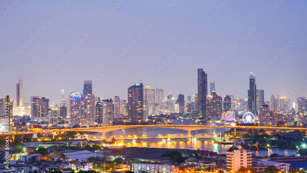 Twilight Sunset Through Town and Chao Phraya River Baerial, architecture, asia, background, bangkok, bank, beautiful, blue, boat, bridge, building, business, capital, chao, city, cangkok City Thailand