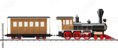 Vintage steam locomotive and wagon vector illustration isolated