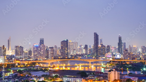 Twilight Sunset Through Town and Chao Phraya River Baerial  architecture  asia  background  bangkok  bank  beautiful  blue  boat  bridge  building  business  capital  chao  city  cangkok City Thailand