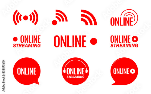 Live streaming logo - red vector design element with play button for news and TV or online broadcasting. Vector illustration.