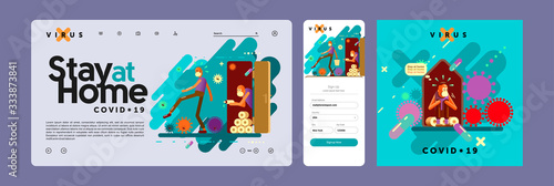 COVID-19. Flat vector illustration. People sitting at home on the quarantine of the coronavirus.  Web site Template, mobile screen, cover. 