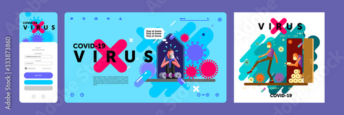 COVID-19. Flat vector illustration. People sitting at home on the quarantine of the coronavirus.  Web site Template, mobile screen, cover. 