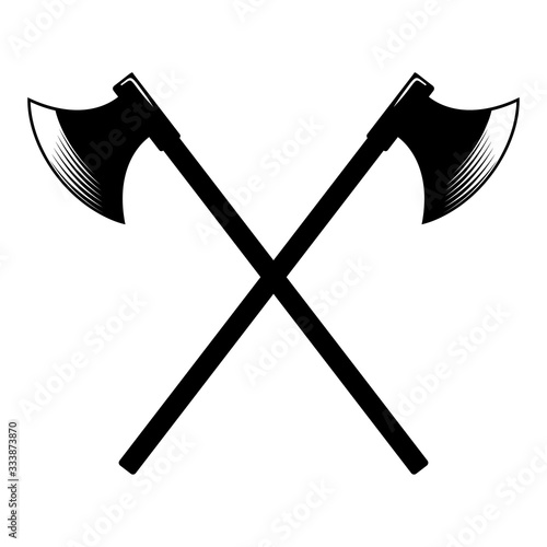 Illustrations of crossed ancient hatchets in engraving style. Design element for logo, label, emblem, sign. Vector illustration