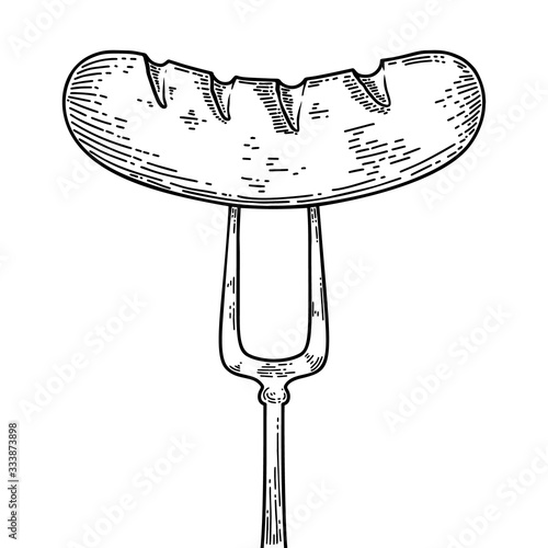Illustration of roasted sausage on fork. Engraving vector illustration. Design element for menu, bar, food court,fast food restaurant.