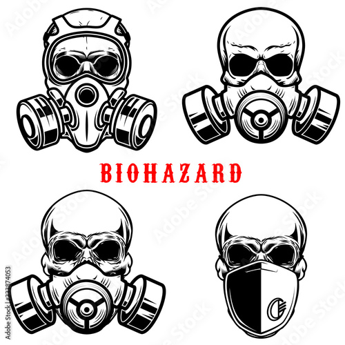 Set of illustration of human skull in gas mask isolated on white background. Biohazard. Coronavirus alert. Design element for poster, card, banner, flyer, emblem, sign. Vector illustration