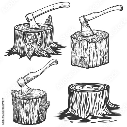 Wood slices with axe. Illustration of wood stumps in engraving style. Design element for emblem, sign, poster, card, banner, flyer. Vector illustration