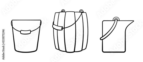 Buckets set for cleaning, bathhouse and gardening in black lines on white backgound