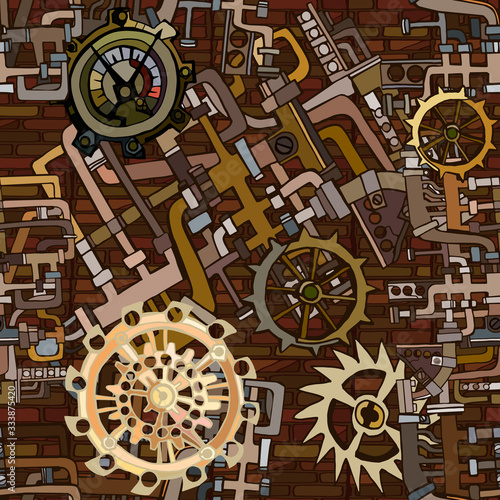 Vector seamless pattern. Abstract industrial background with fictional gearwheels and abstract details of machines illustrating retro technology or steampunk concept. Hand drawn.