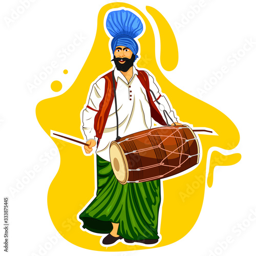 A illustration of punjabi sardarni man with dhol in dancing position.