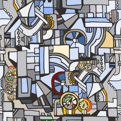 Technical seamless pattern with sketch elements. Vector background with decorative industrial or machine elements. Hand drawn.