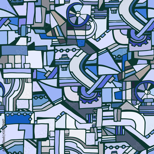 Technical seamless pattern with sketch elements. Vector background with decorative industrial or machine elements. Hand drawn.