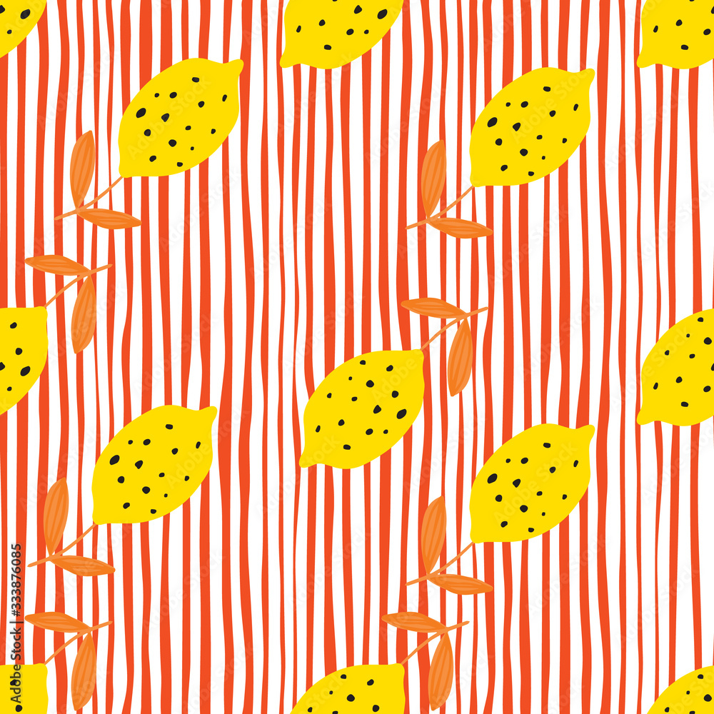 Abstract lemon with leaves seamless pattern stripes background.