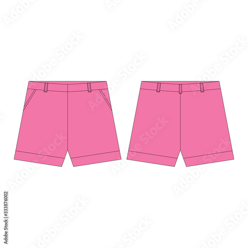 Shorts pants in pink colors for girls isolated on white background. Technical sketch sportswear kids clothes.