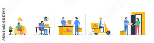 Order Pizza online (by phone), mobile app templates, concept flat design. Courier Delivering Pizza on scooter