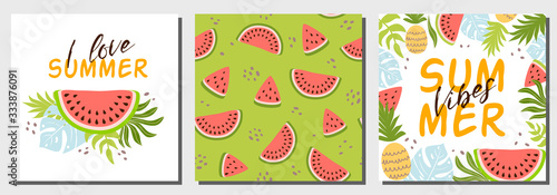 Watermelon summer set Cute creative cards templates with watermelon. Green watermelon seamless pattern Vector digital paper