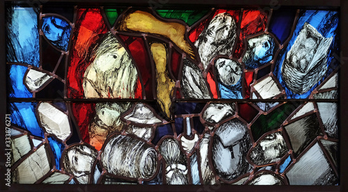 Resurrection, God gives people new life, detail of stained glass window by Sieger Koder in church of Saint John in Piflas, Germany