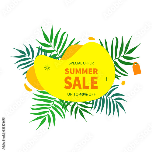 Summer sale banner template. Vector summer abstract geometric background with palm leaves