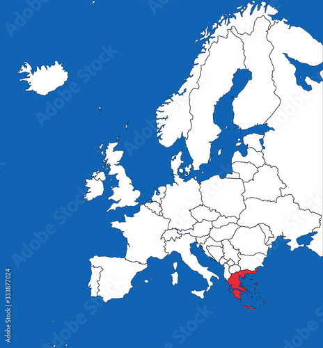 Greece map highlighted on europe political map. White on blue background. Perfect for business concepts, backgrounds, backdrop, poster, sticker, banner, label and wallpaper.