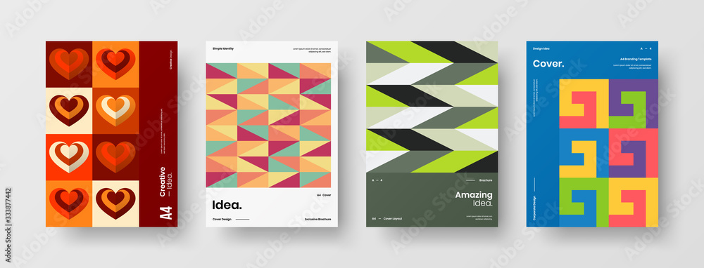Business presentation vector A4 vertical orientation front page mock up set. Corporate report cover abstract geometric illustration design layout bundle. Company identity brochure template collection. Business presentation vector A4 vertical orientation front page mock up set. Corporate report cover abstract geometric illustration design layout bundle. Company identity brochure template collection.