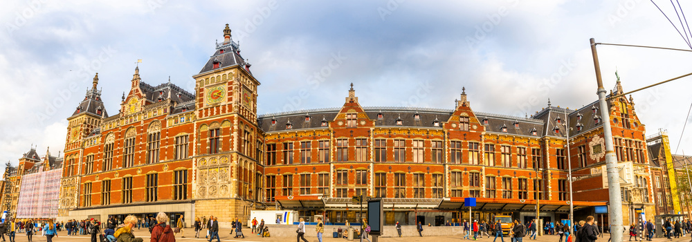 Panoramic of Amsterdam Central Station in Holland, Netherlands