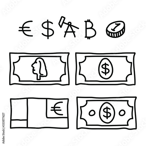 Money dollar bills and coins logo. Hand drawn. Euro, bitcoin, oil barrel icon. Quotes of currencies. Benjamin Franklin face. Doodle sketch.  Modern design. Fashion print for clothes, cards, banner set
