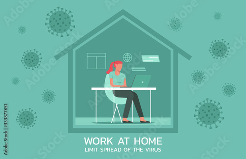 woman at working at home on laptops computers, online working to limit spread of the coronavirus and new normal concept, vector flat illustration