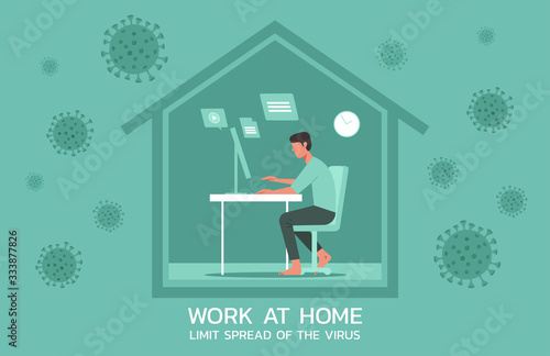 young man working at home on laptops computers, online working to limit spread of the coronavirus and new normal concept, vector flat illustration