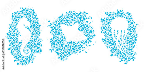 Plastic trash planet pollution concept vector illustration. Marine animals silhouette cut in plastic trash flat icon spot, isolated on white background. Marine animal life damage banner.