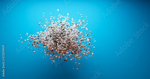 3d Abstract cloud of particle spheres floating in front of blue wall in gallery