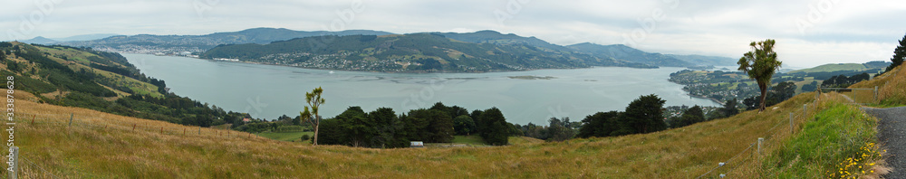 Panoramic view of Dunedin from High Cliff Road on South Island of New Zealand